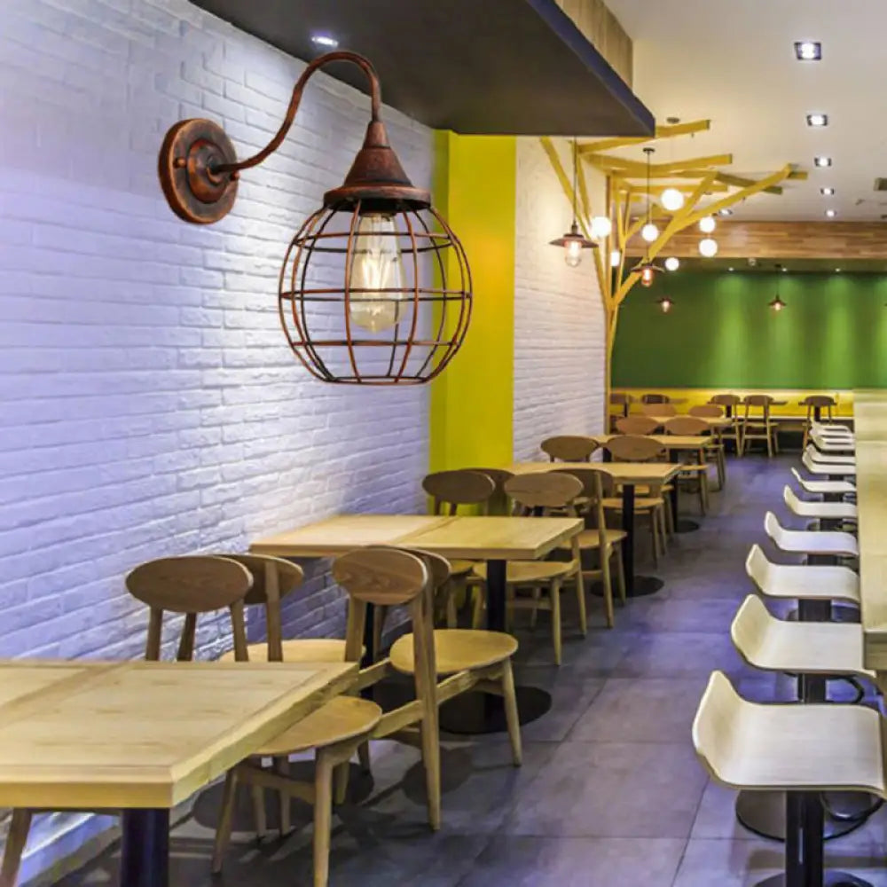 DecorBites™ Antique Globe Cage Wall Mount Light - Single-Bulb Iron Fixture for Restaurants