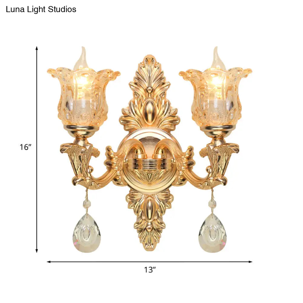 Lámpara de pared antigua dorada con forma de campanilla y cristal ámbar, kit con 2 luces para aplique de salón