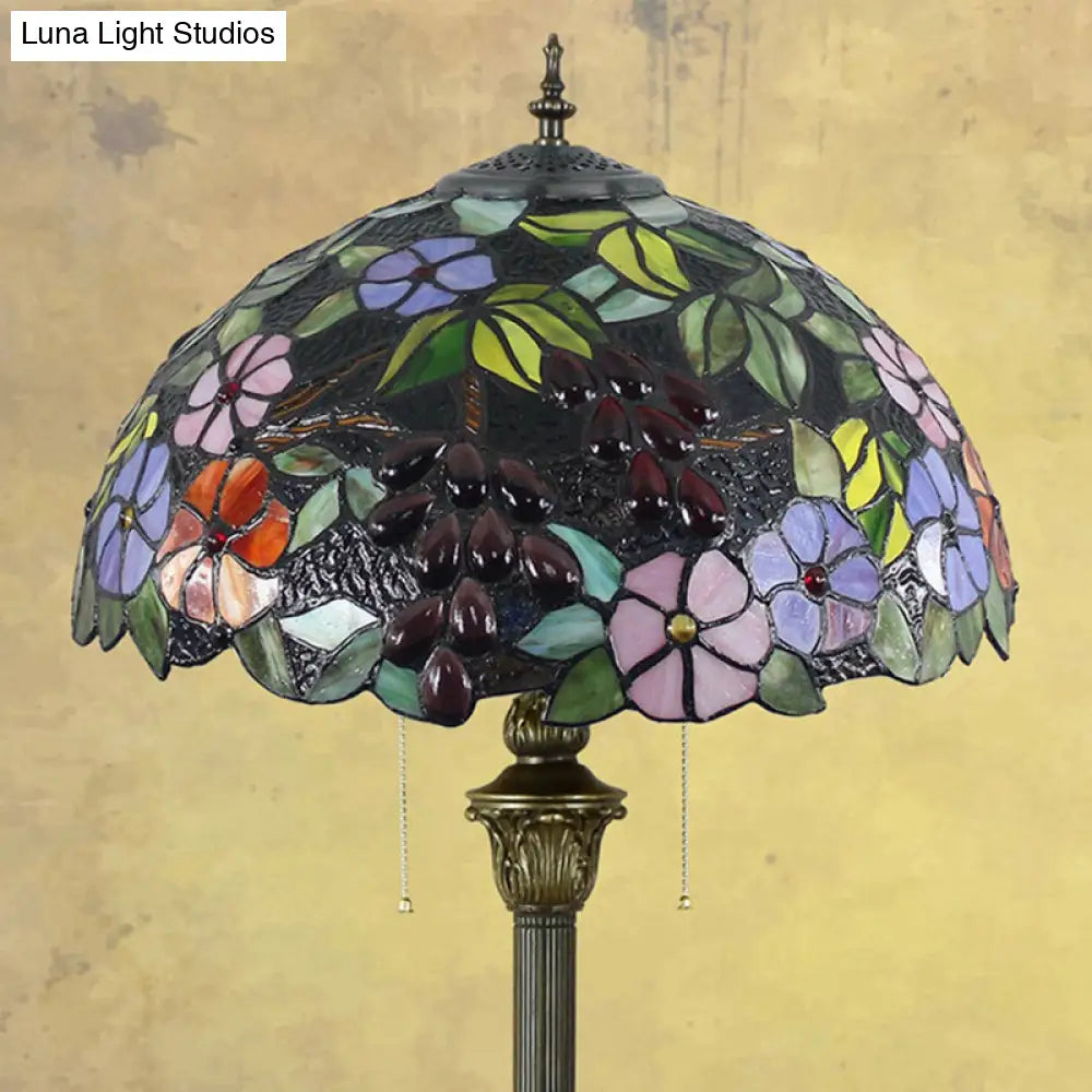 Lámpara de pie antigua de vitral con pantalla en forma de cuenco - 2 cabezales, color púrpura