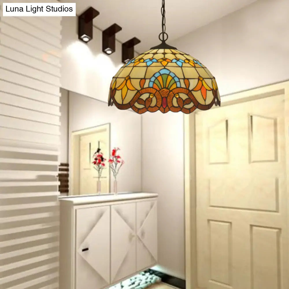 مصباح معلق على شكل زهرة من الزجاج الملون العتيق - معلق باللون البيج