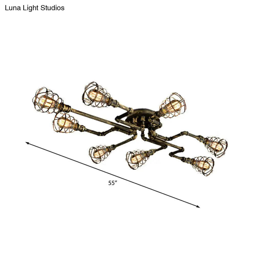 DecorBites™ Antique Style 8-Light Bronze Twisted Pipe Ceiling Lamp with Cage Shade