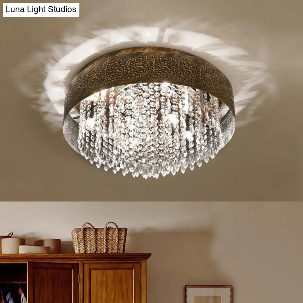 DecorBites™ Antique Style Bronze Drum Flush Lamp with Crystal Accent, 5/9 Light Iron Flush Mount Ceiling Light - 16"/19.5" Width