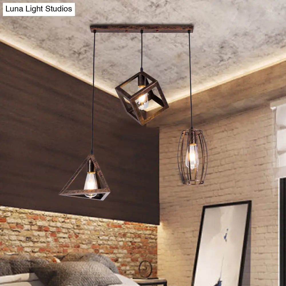 Lámpara colgante de hierro forjado estilo antiguo - Diseño de tres brazos con jaula para techo de comedor - Acabado óxido