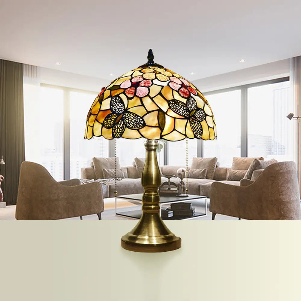 Lámpara de escritorio antigua Tiffany con forma de cúpula - Lámpara de mesa de vitral con diseño de flor azul/libélula/mariposa para dormitorio (2 luces)