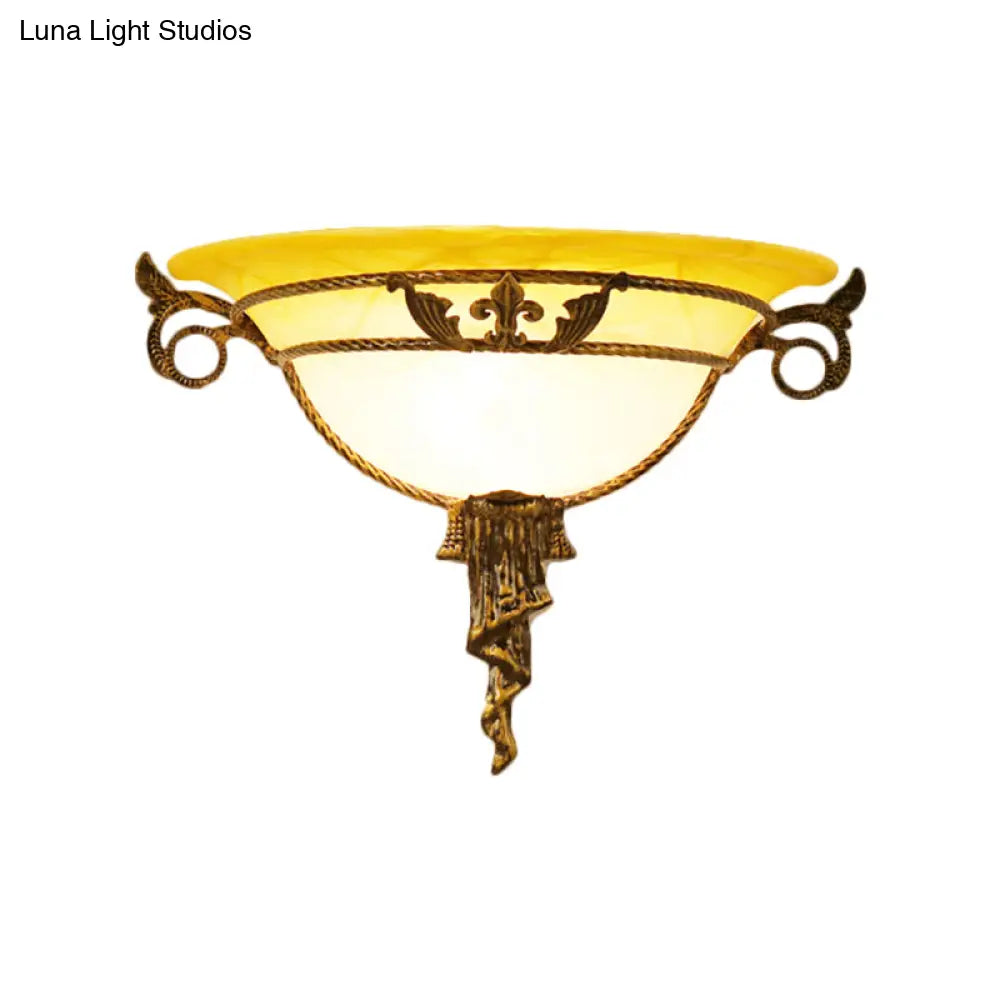 Antiqued Brass Wall Sconce with Milky Glass Bowl - 1 Light, Flush Mount for Bedroom