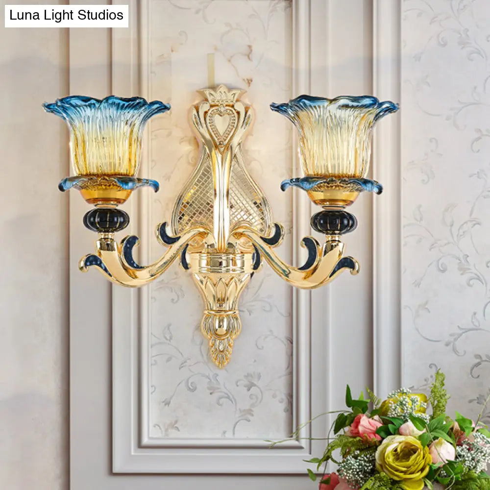 Antiqued Gold Flower Wall Sconce with Clear Ruffle Glass Bulbs - Curved Arm, Wall Mounted Lamp