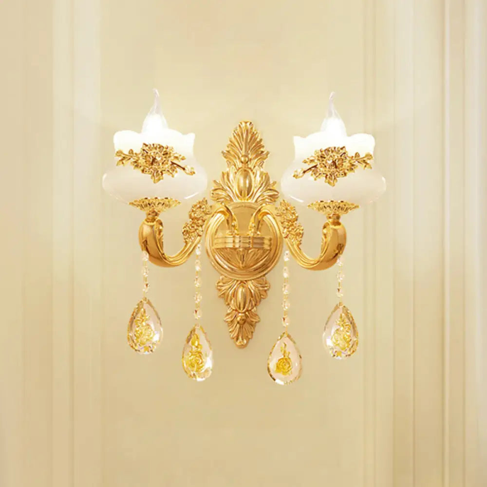 Antiqued Imitation Jade Gold Finish Wall Sconce with Crystal Drop - Candle Living Room Wall Lamp