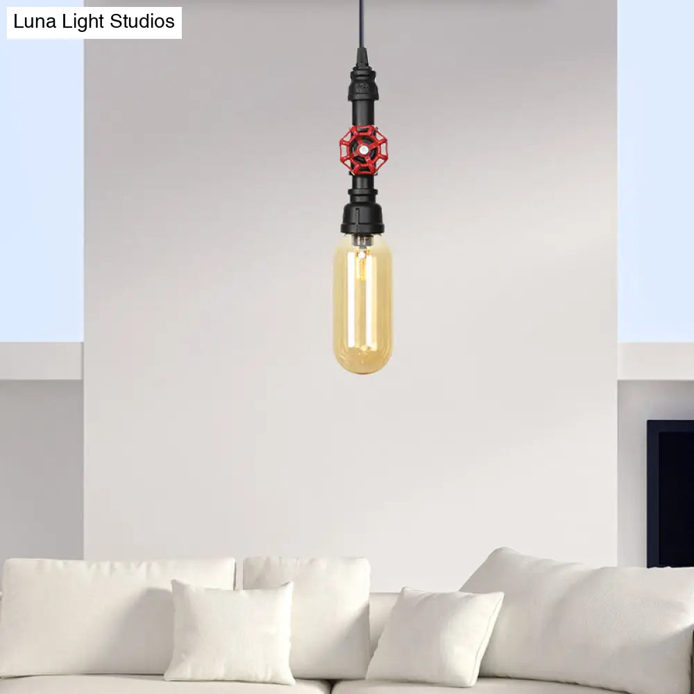 Lámpara de techo LED de metal con diseño de tubería envejecida y pantalla de cristal ámbar - Negra