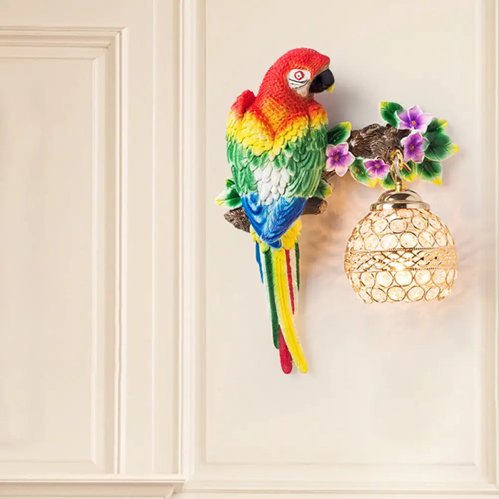 Antiqued Single Light Wall Sconce with Resin Parrot Design - Drawing Room Floral Wall Lighting Idea in Blue/Red with K9 Crystal Shade
