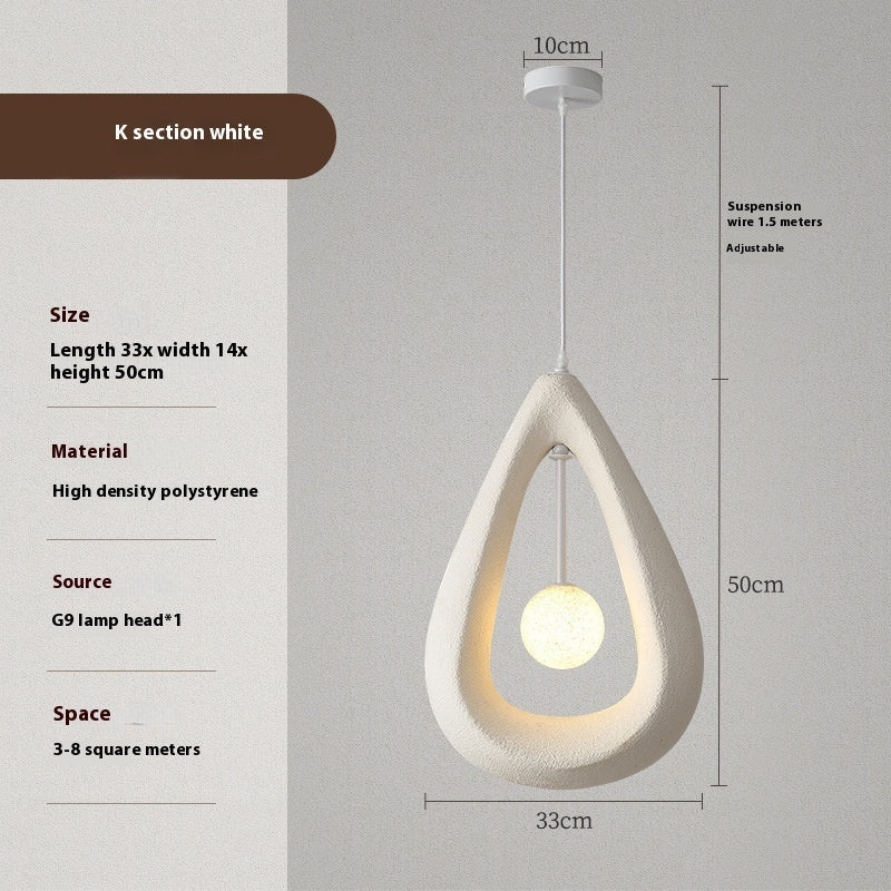 White teardrop-shaped pendant light with high-density polystyrene material and g9 lamp head.