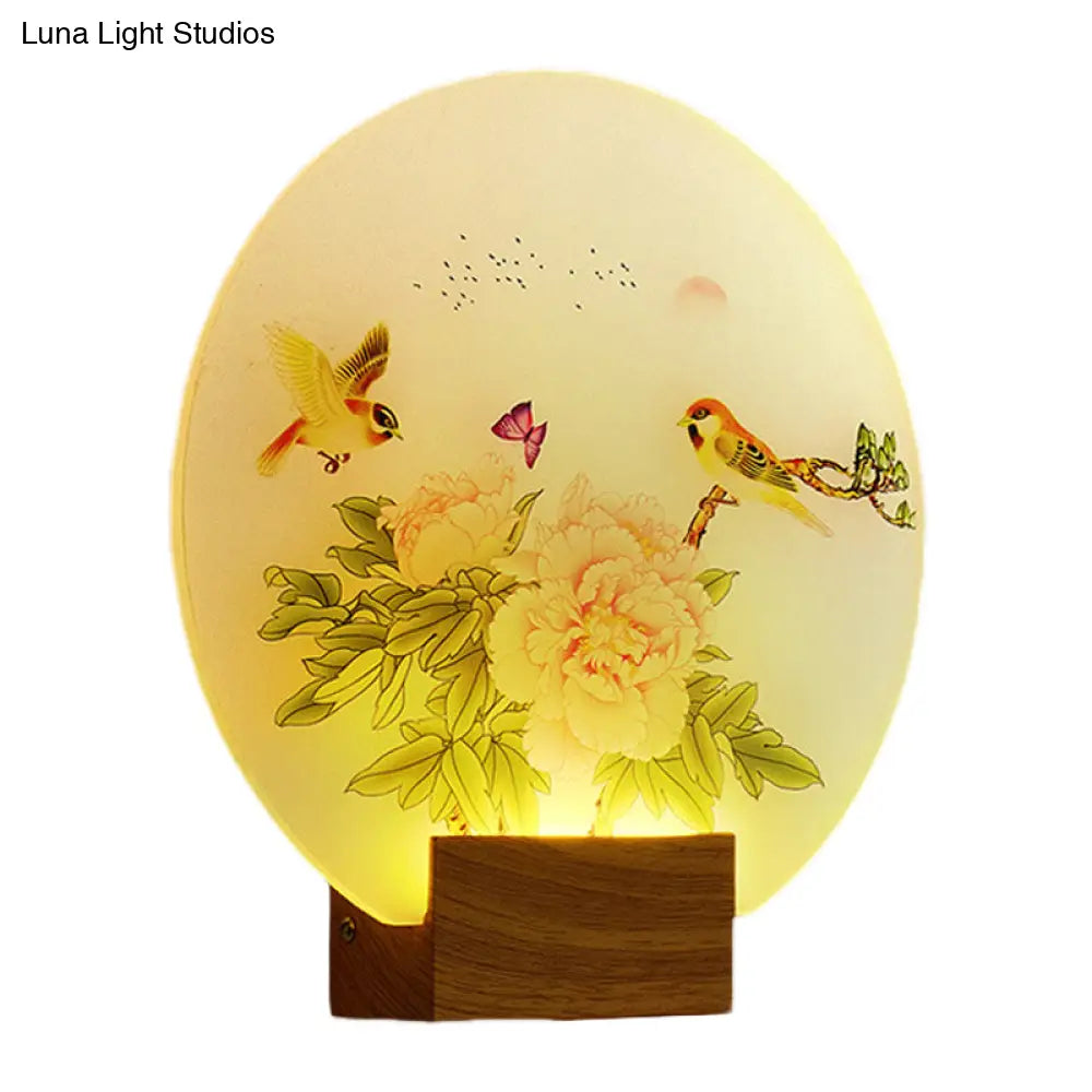 Lámpara de pared LED acrílica de estilo asiático para dormitorio - Mural circular marrón con flores y pájaros