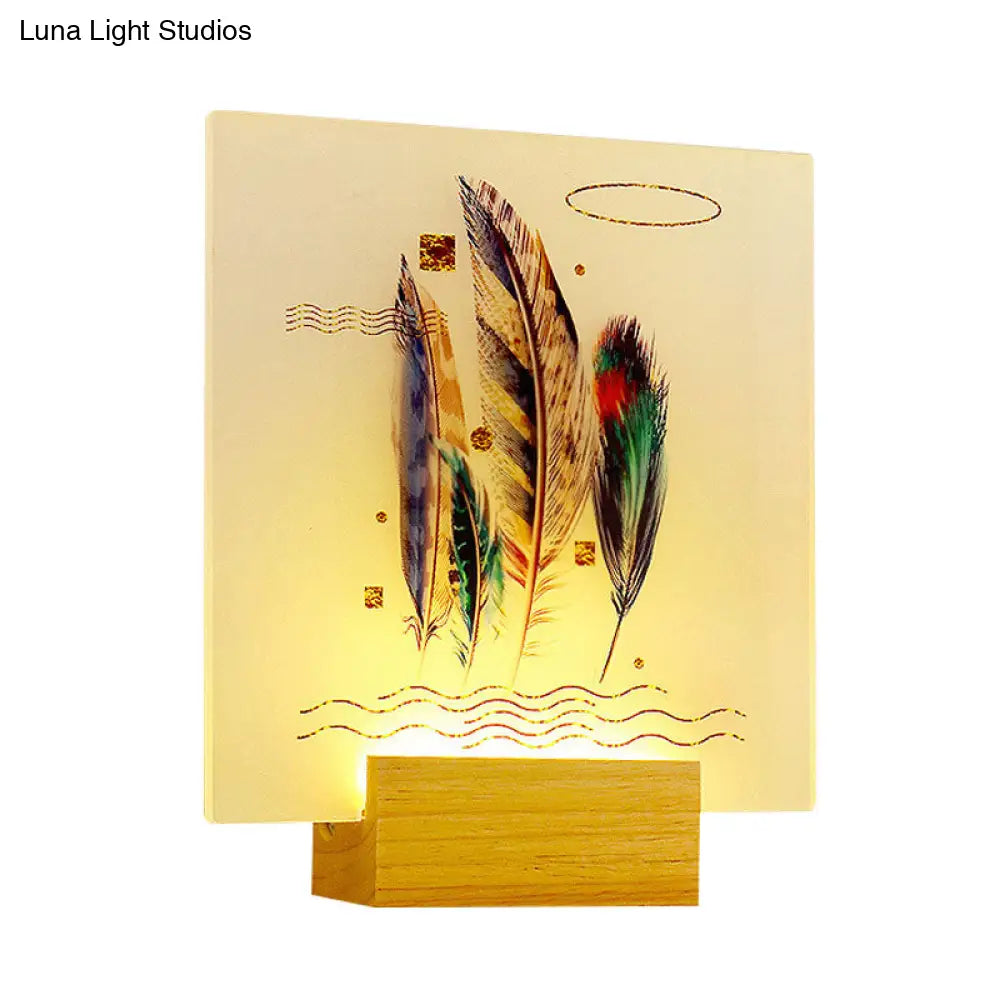 Lámpara de pared estilo asiático con forma de pluma de madera y luz LED mural para sala de estar