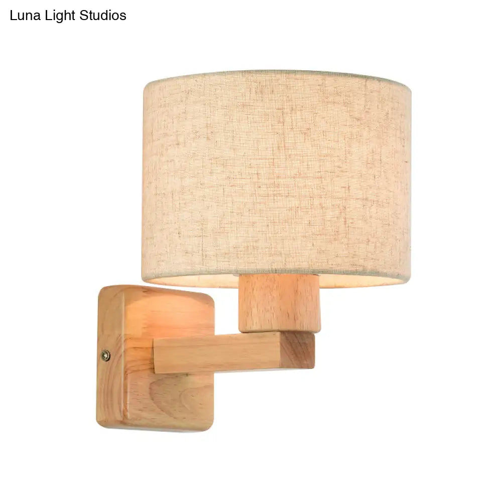 Lámpara de pared de tambor de inspiración asiática con brazo de madera y pantalla de tela, 1 luz, para dormitorio