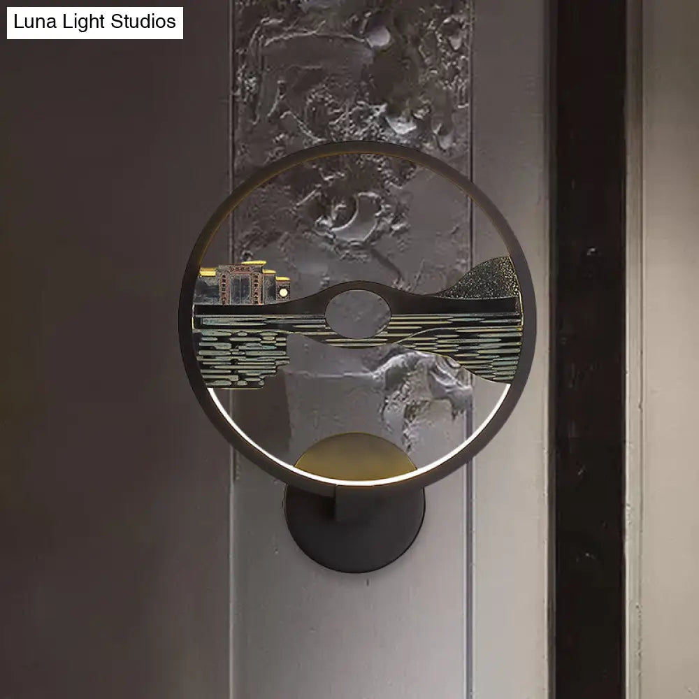 Aplique de pared LED de resina con reflejo de lago de inspiración asiática para habitación de invitados