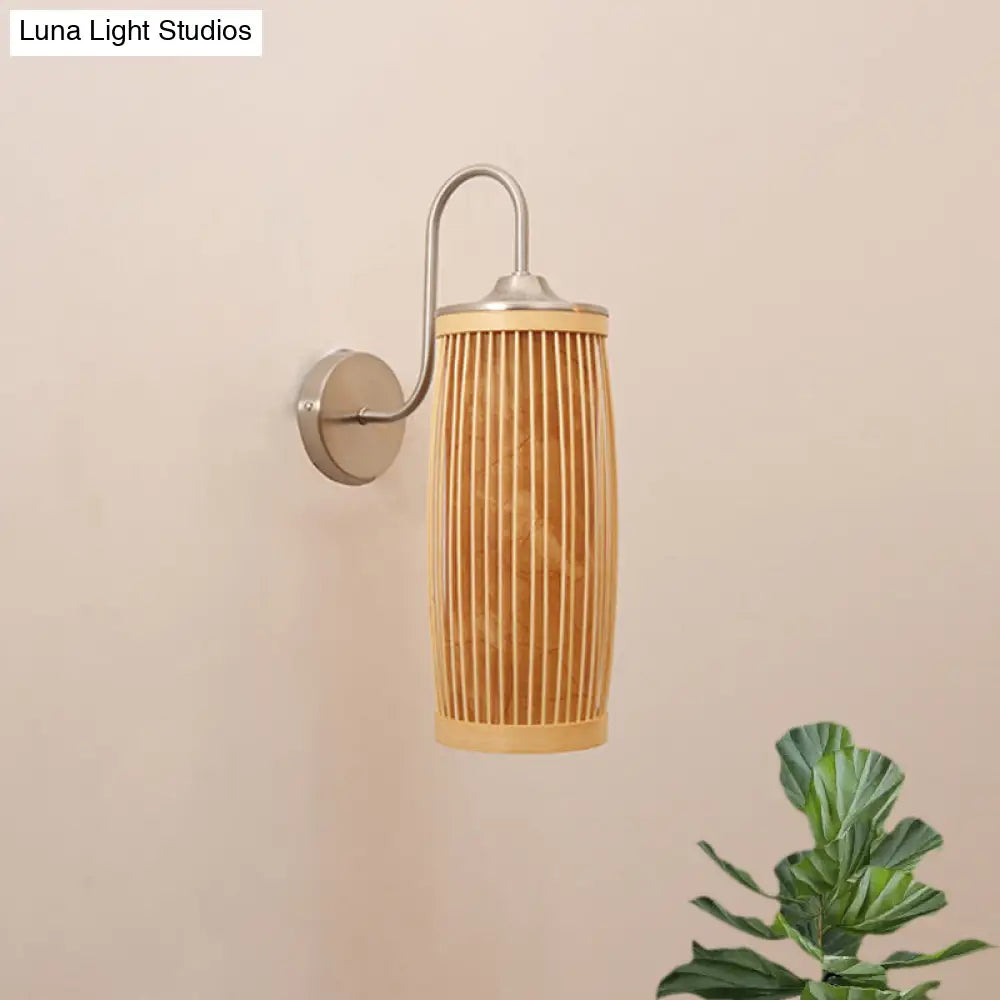 DecorBites™ Asian Style Cylinder Bamboo and Metal Wall Lamp with Gooseneck Arm - 1 Bulb and Beige Shade
