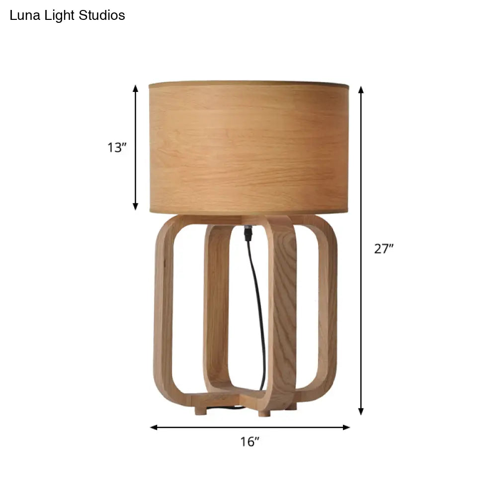 مصباح ليلي لغرفة النوم من الخشب الآسيوي، بإضاءة واحدة، باللون البيج، مع إطار أسطواني ومصباح طاولة مربع