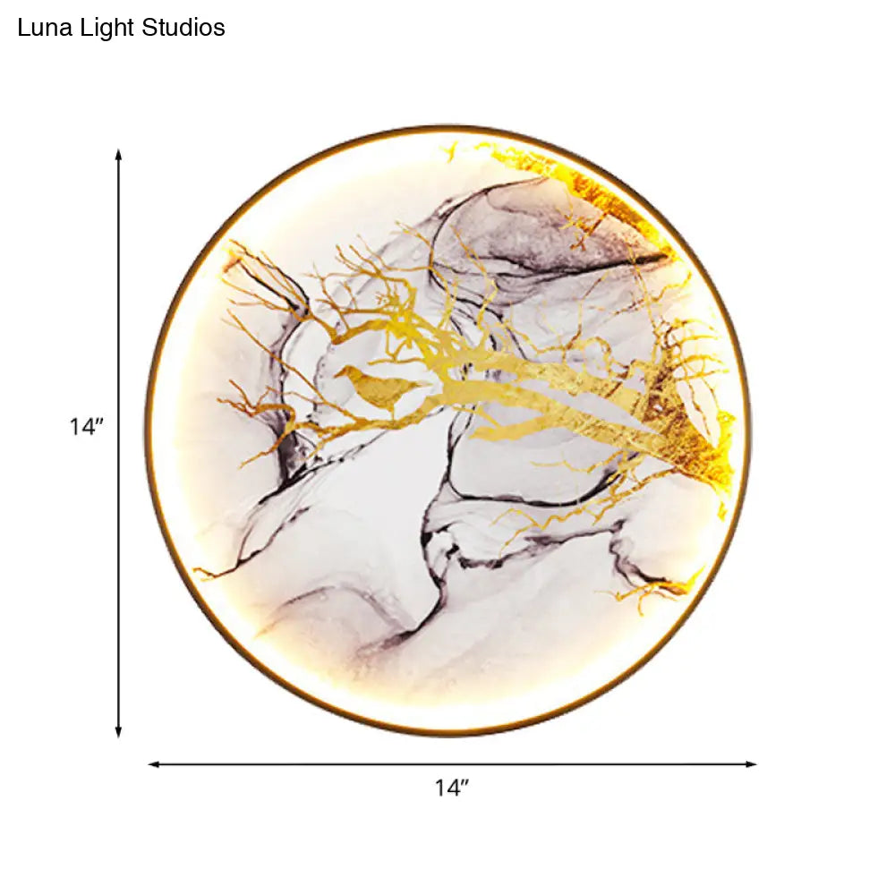 مصباح حائط LED من الألومنيوم باللون الذهبي الآسيوي بتصميم طائر وفرع