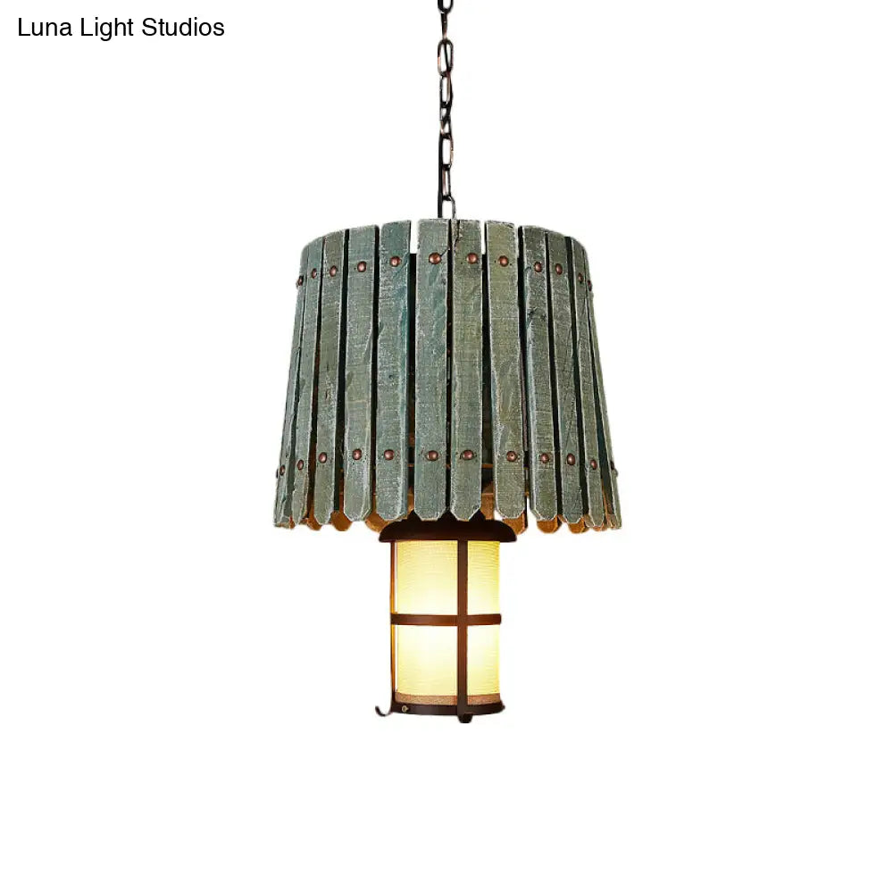 Bar Hanging Light Kit - Opal Glass Lantern Pendant with Barrel Wood Design in Black