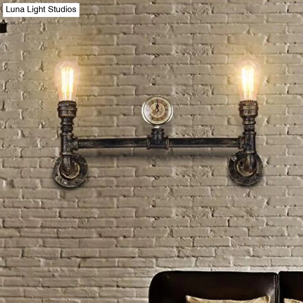 Aplique de pared de dos luces con bombilla desnuda, acabado en bronce de hierro envejecido e iluminación decorativa Gauge