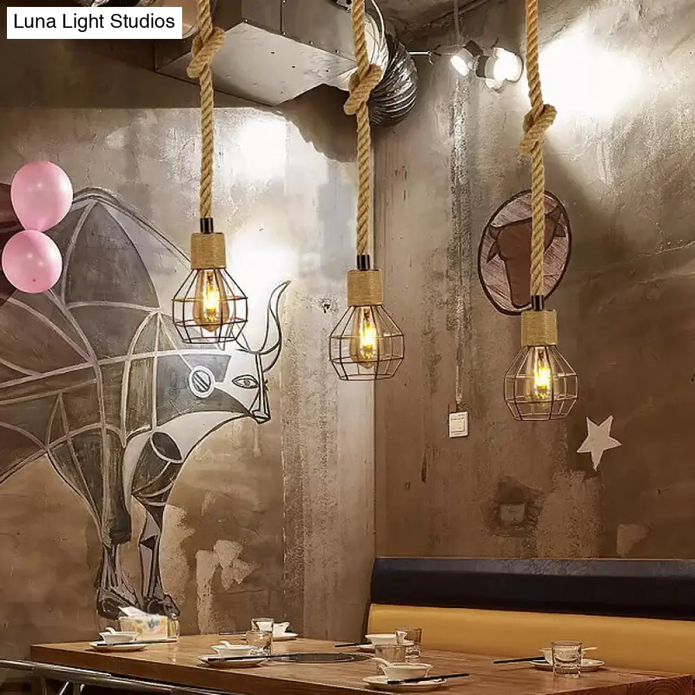 Lámpara colgante de techo de cuerda de cáñamo con diseño de bombilla desnuda - Nudo marrón, estilo rústico