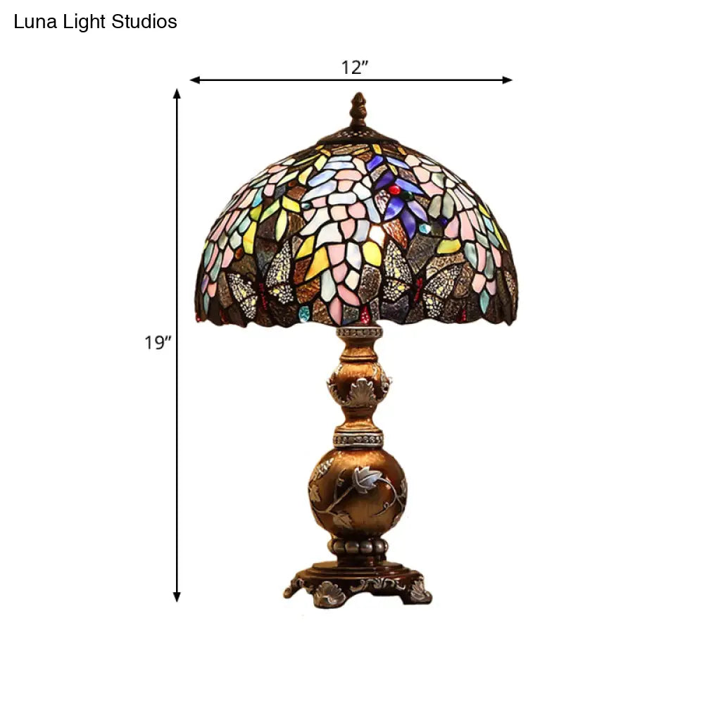 Lámpara de mesa barroca marrón con forma de calabaza y pantalla de vitral - Iluminación de mesilla de noche de resina (1 bombilla)