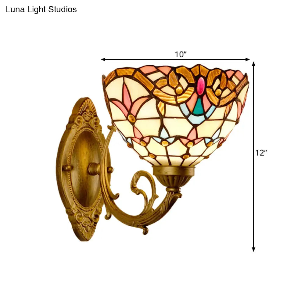 Aplique de pared barroco dorado con cúpula: aplique de cristal tintado de una cabeza con brazo en espiral