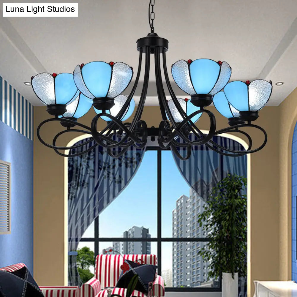 ثريا باروكية معلقة مع ظلال زجاجية مزخرفة وذراع منحني - 3/5 مصابيح باللون الأبيض أو الأصفر أو البيج - إضاءة معلقة لغرفة المعيشة