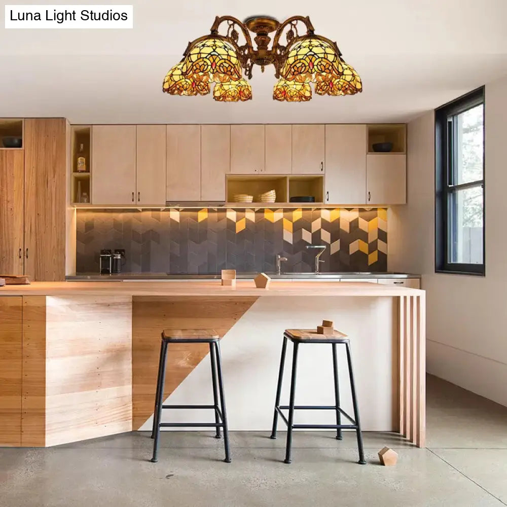 DecorBites™ DecorBites™ Baroque Semi Flush Ceiling Light in Aged Brass with Stained Glass Dome Shade