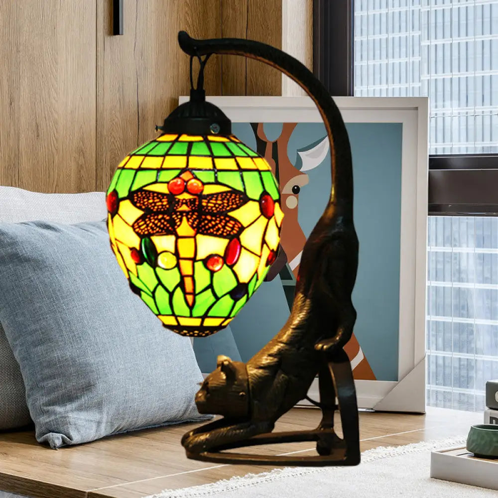 Baroque Style Dragonfly Desk Lamp with 1 Light - Red/Green Cat Table Light for Bedroom