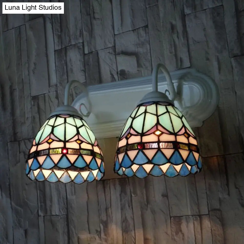 Baroque Style Stained Glass Bowl Sconce with 2-Headed Wall Lighting - Elegant White Finish for Bedroom