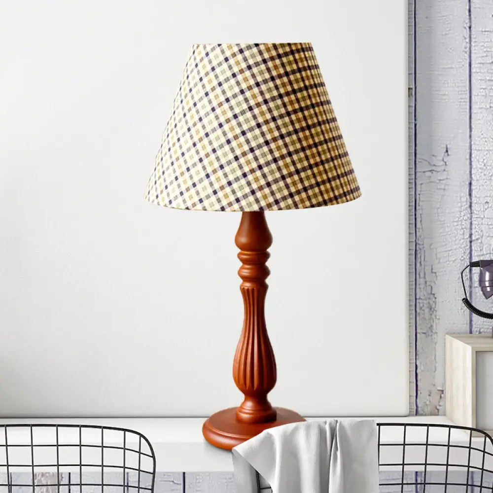 Barrel Shape Desk Lamp - Beige/Tan/Dark Blue - Traditional Fabric - Bedroom Reading Light with Wood Base