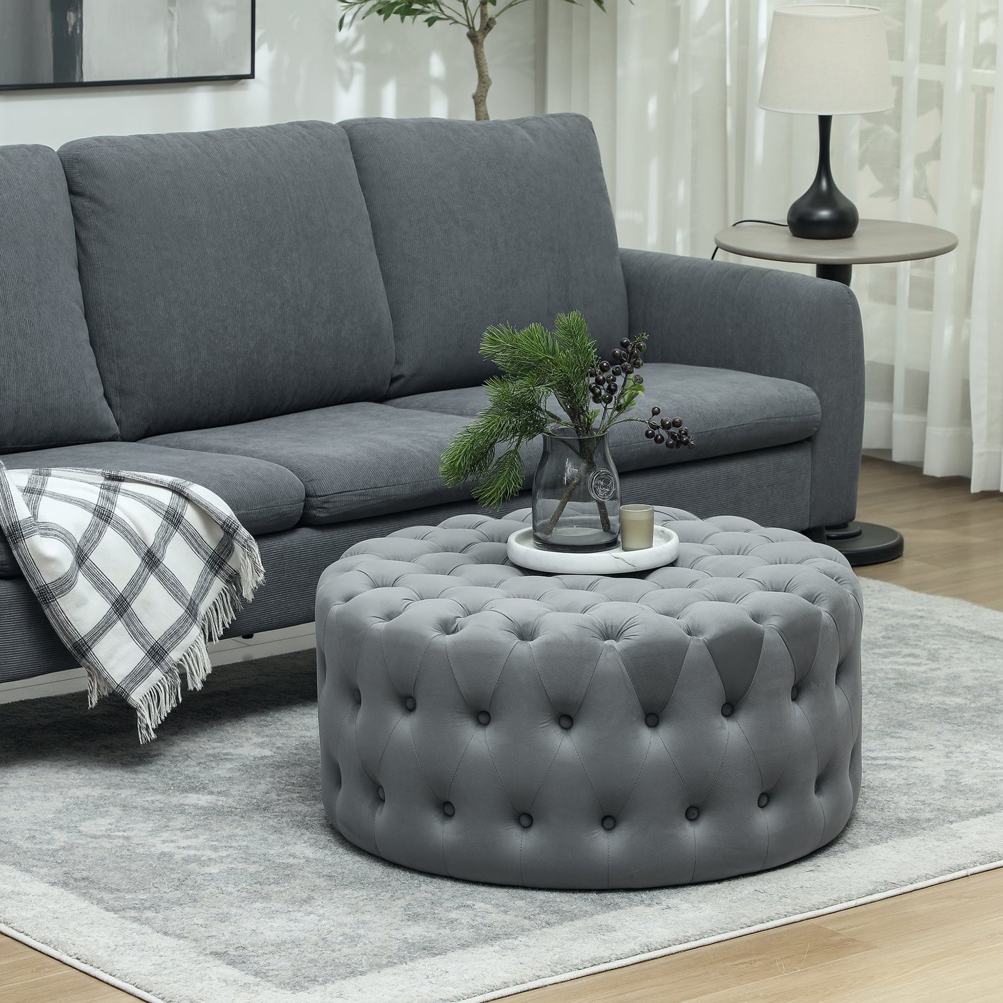 Round Ottoman Coffee Table with Velvet-feel Upholstery