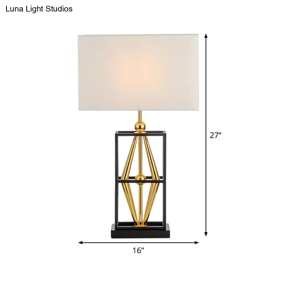 Bedroom Metal Table Lamp with Postmodern Design, White Night Lighting and Rectangle Fabric Shade