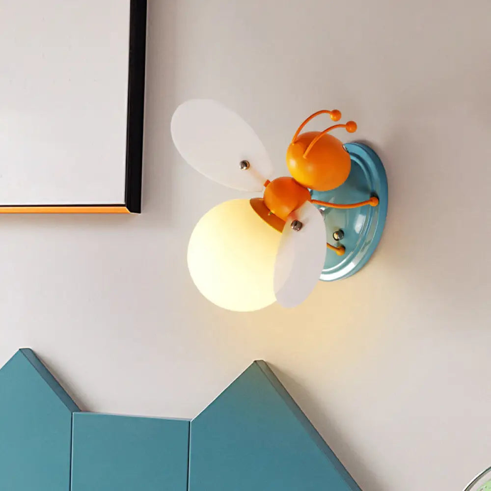 Bee Shaped Child Room Sconce Lighting: Modern Metallic Wall Light with Cream Glass Shade in Yellow