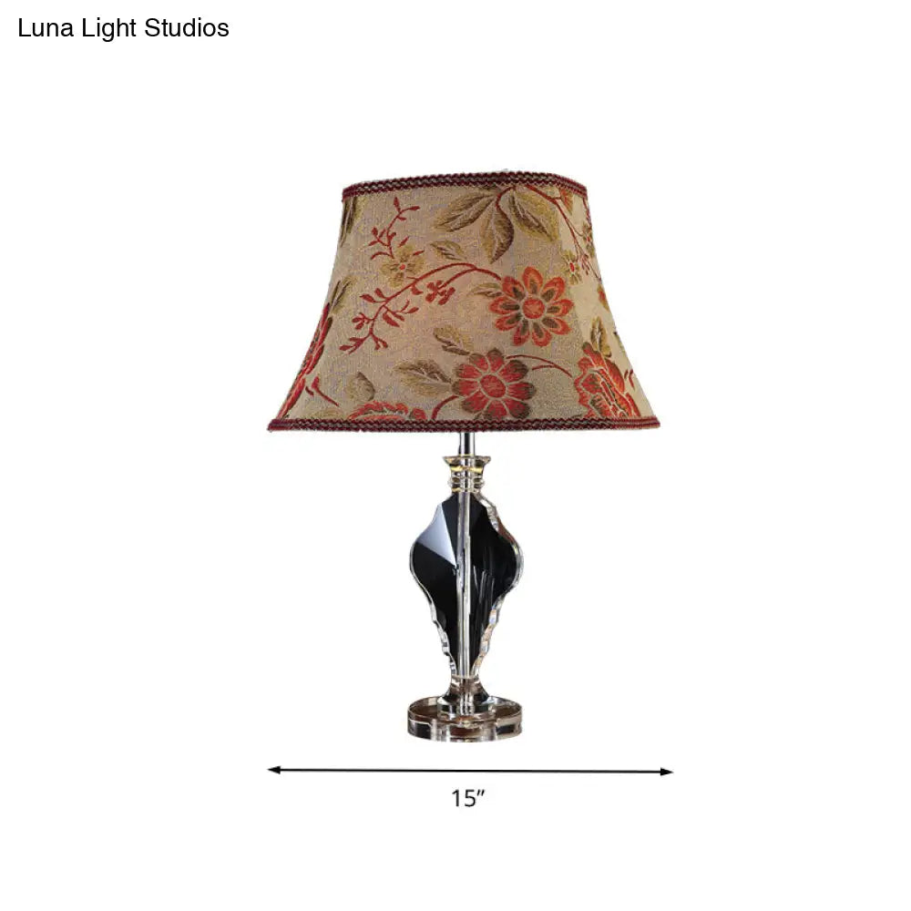 Beige Blossom Fabric Night Light Table Lamp - Rural Style with Crystal Base