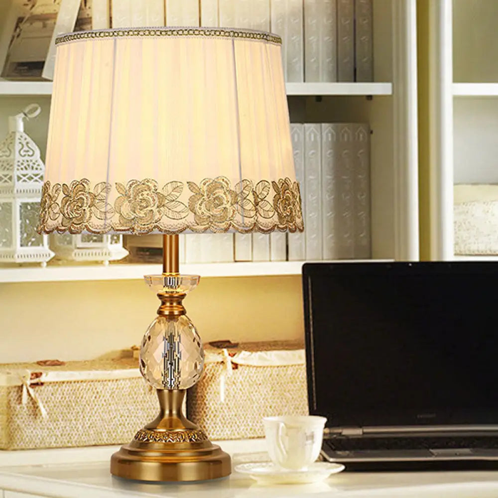 Beige Fabric Table Lamp - Minimalist Tapered Drum Design with Crystal Base