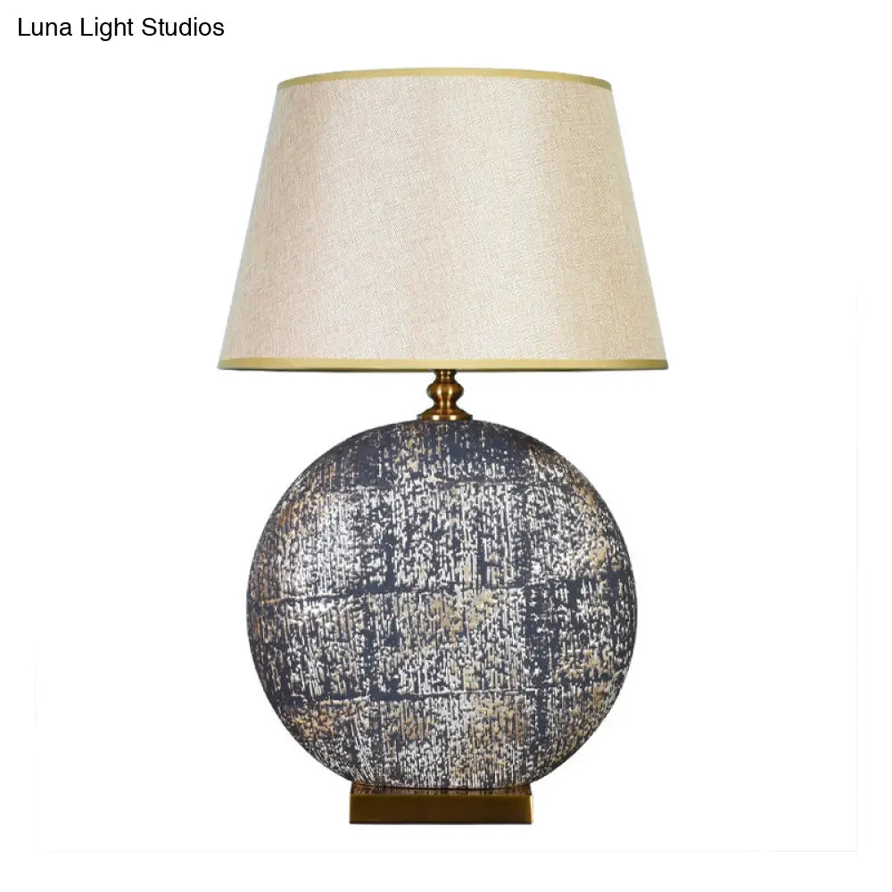 Beige Fabric Tapered Table Lamp for Living Room Nightstand with Distressed Round Base