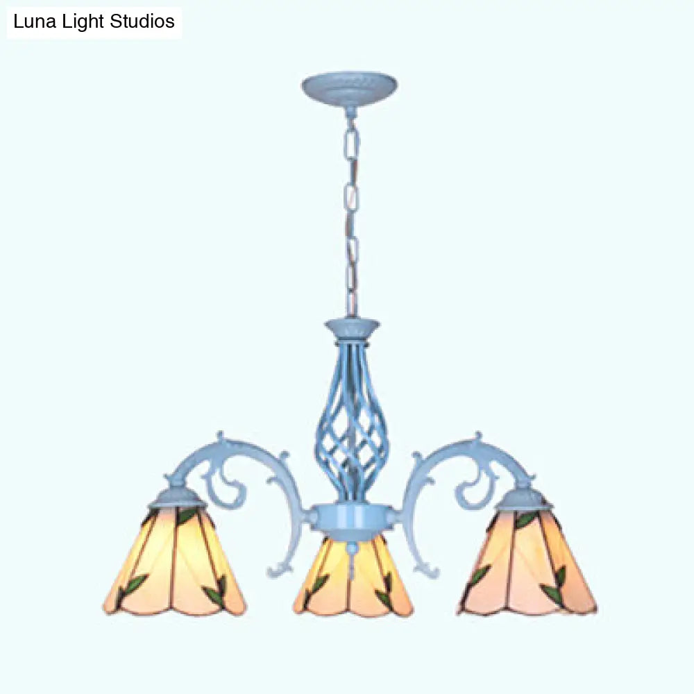 Beige Lodge Pendant with 3 Light Conical Glass Shade Leaf Chandelier