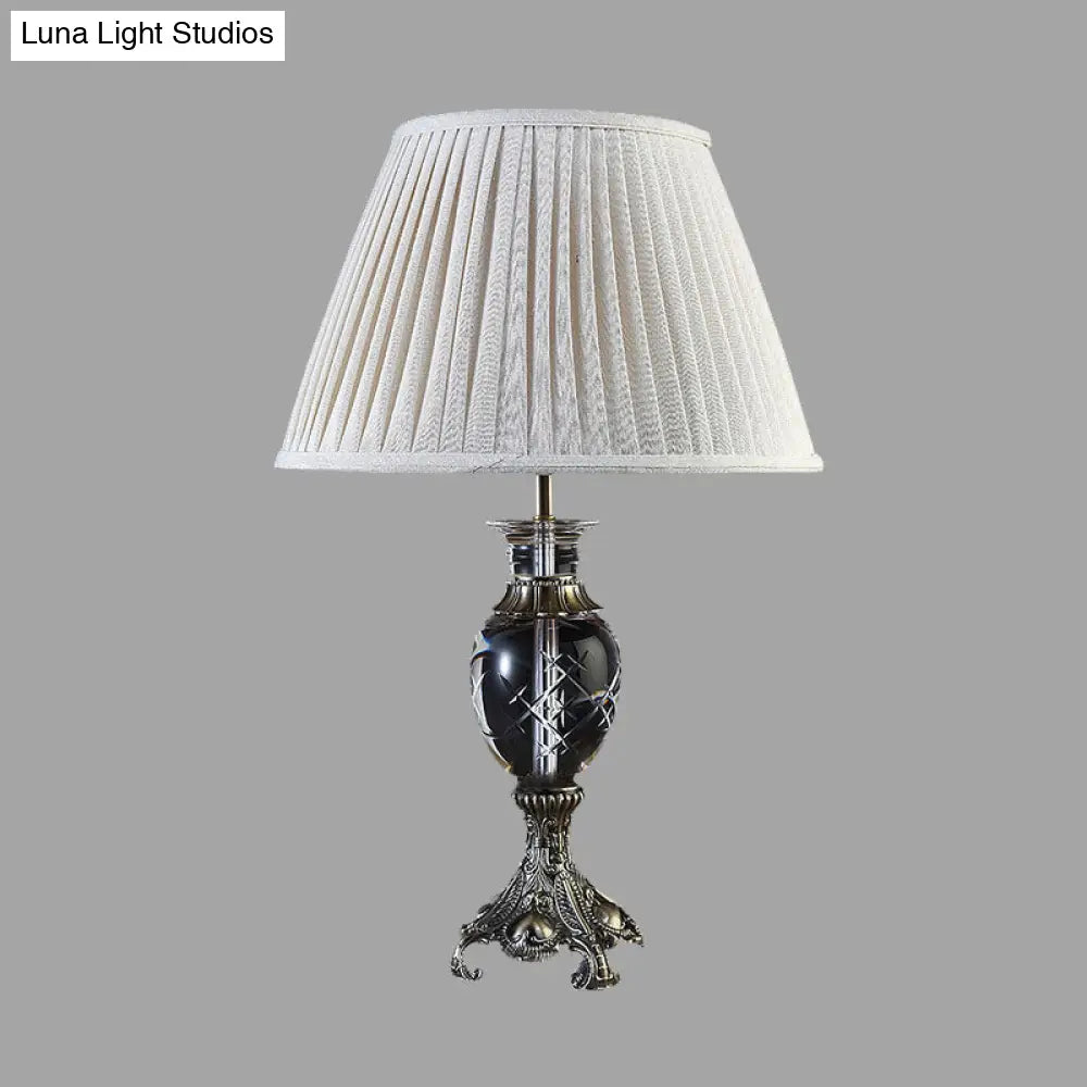 Beige Lodge Table Lamp with Clear Crystal Pleated Shade - Nightstand Light for Bedroom