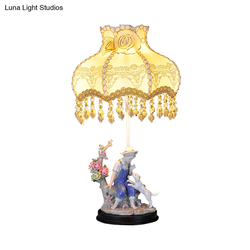 Beige Ruffle Edge Nightstand Lamp - Pastoral 1-Light Fabric Night Light with Ceramic Boy and Dog