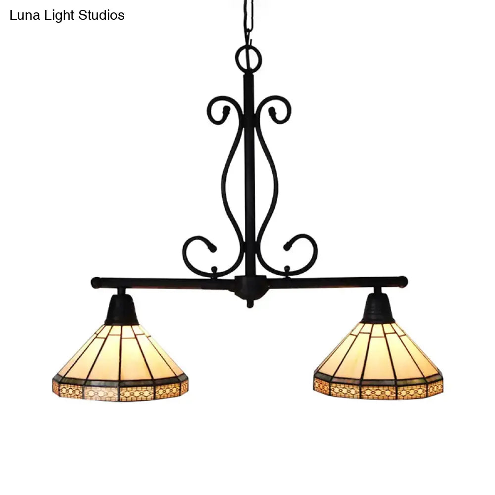 Lámpara colgante de isla DecorBites™ estilo Tiffany color beige con pantalla cónica de vidrio y acero inoxidable - Elegante lámpara de techo colgante de 2 luces
