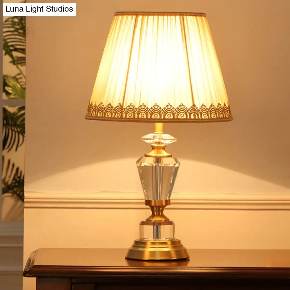 Beige Traditional Drum Nightstand Lamp with Crystal Accent - 1 Light Table Light for Bedroom