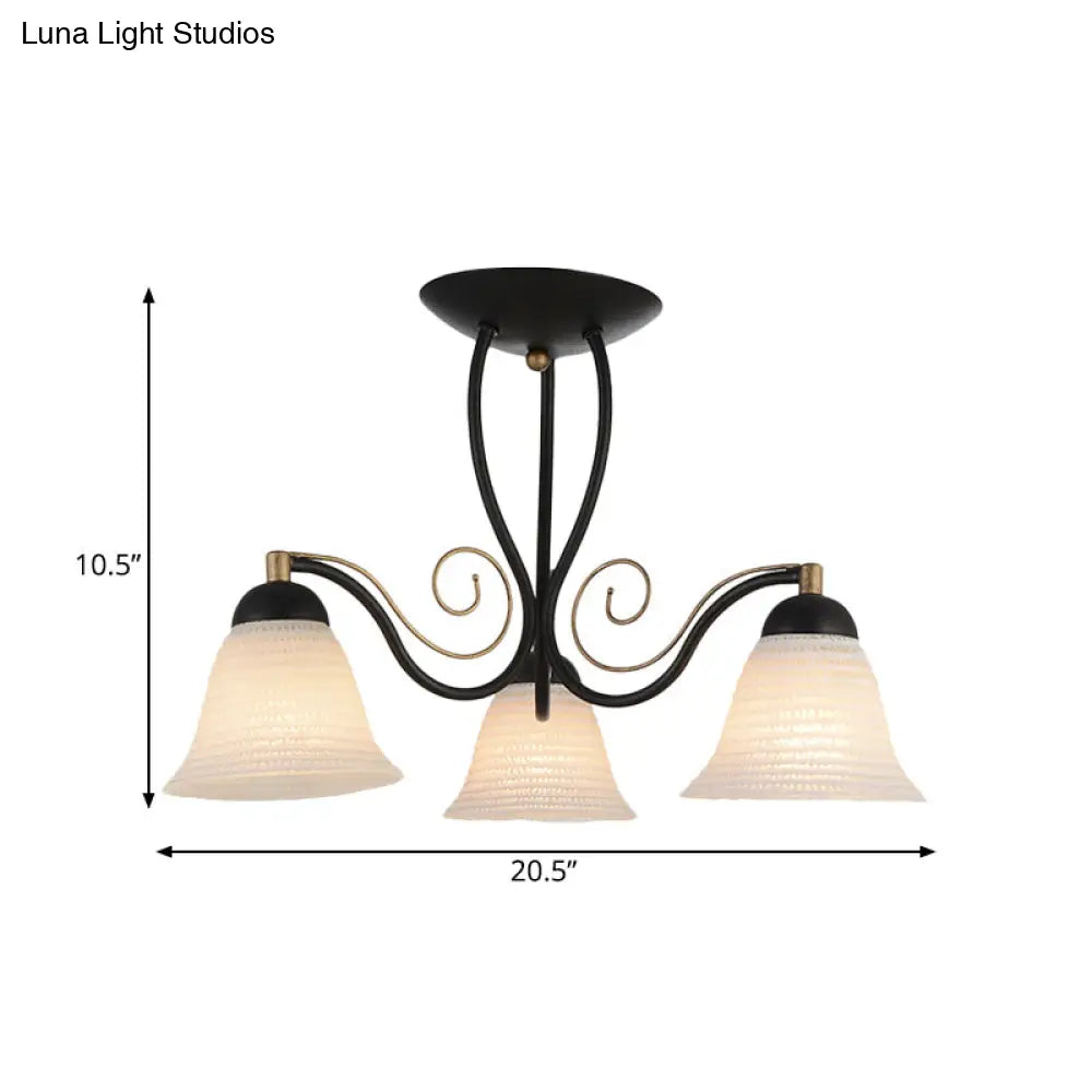 Lámpara de techo DecorBites™ Bell de cristal opalino rústico - Montaje semiempotrado, 3 luces, negra, para dormitorio