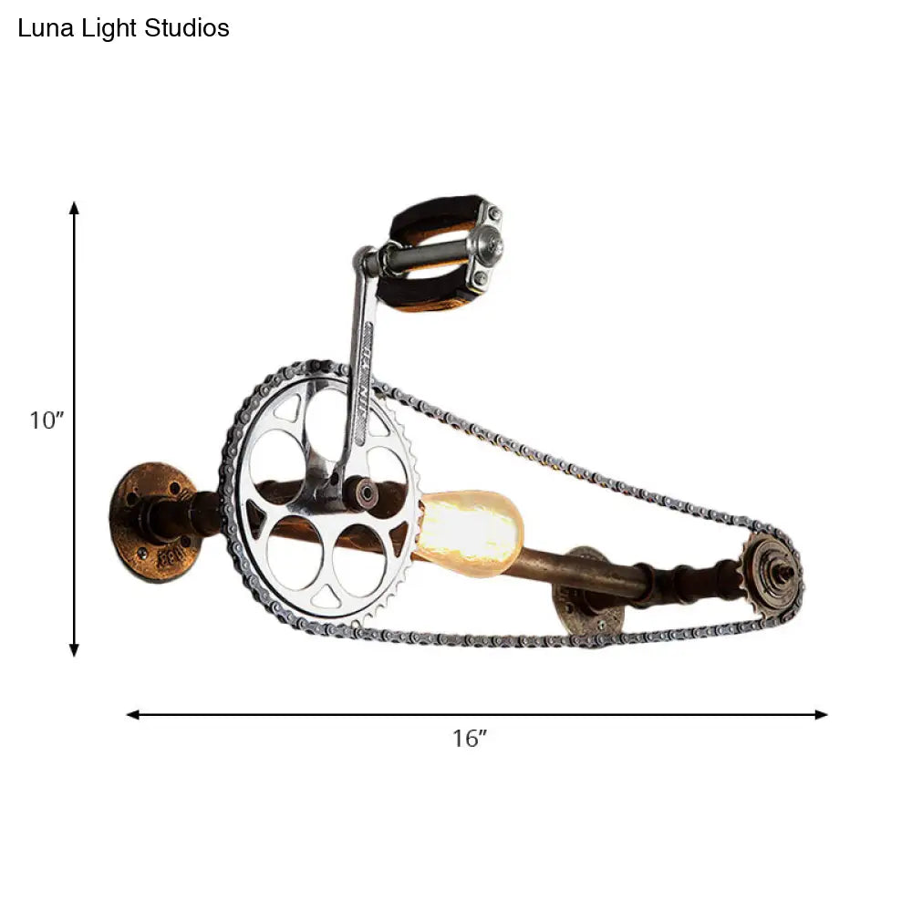 Aplique de pared industrial con diseño de bicicleta: 1 luz, bombilla desnuda, soporte metálico en bronce para casa de campo.
