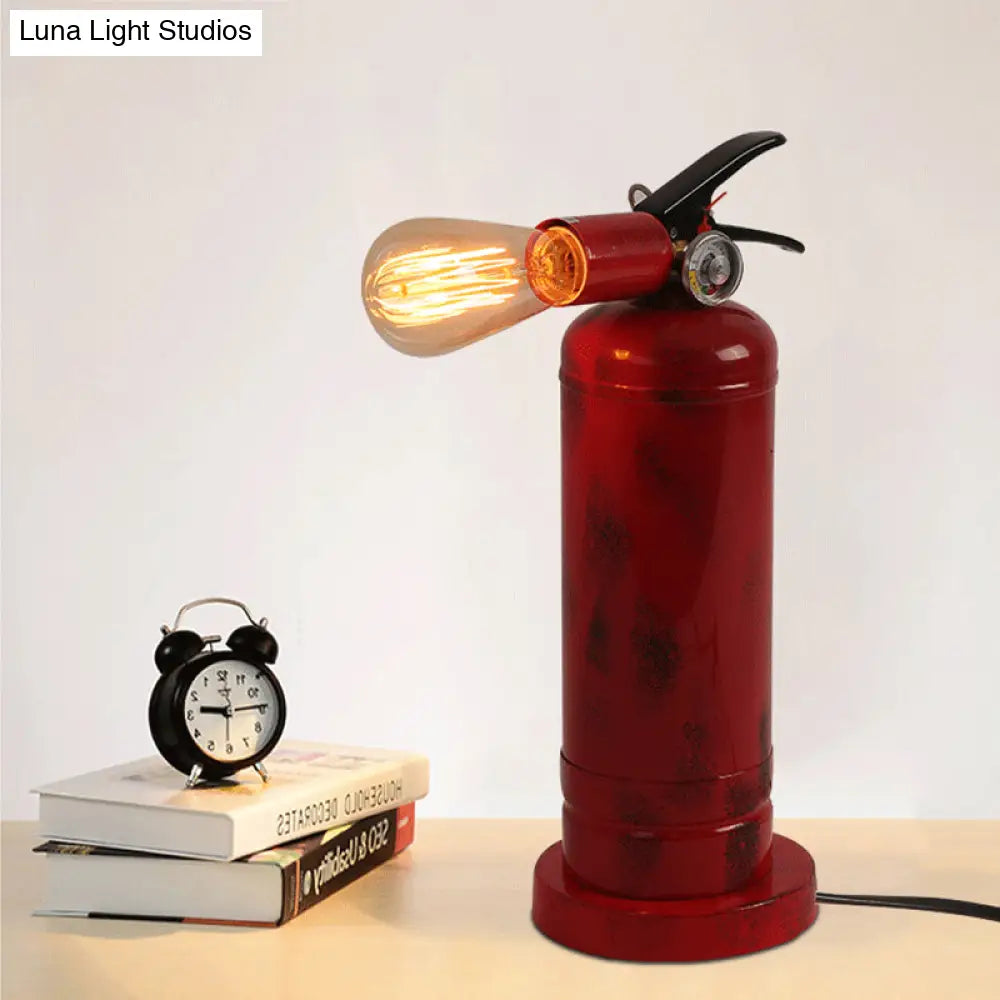 Bistro Fire Extinguisher Shaped Metal Table Lamp with Red Finish and Plug-In Cord