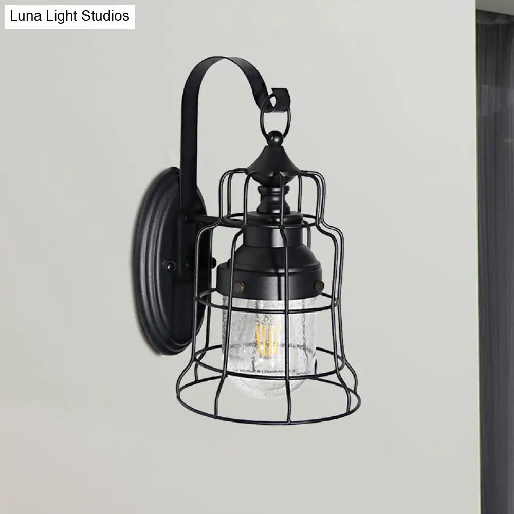 Black Caged Wall Light with Inner Glass Shade for Coastal Style Decor