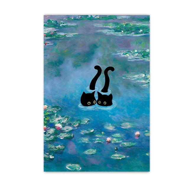 Black Cat Starry Night Canvas Wall Art - Brown / 40x60cm Unframed - Posters