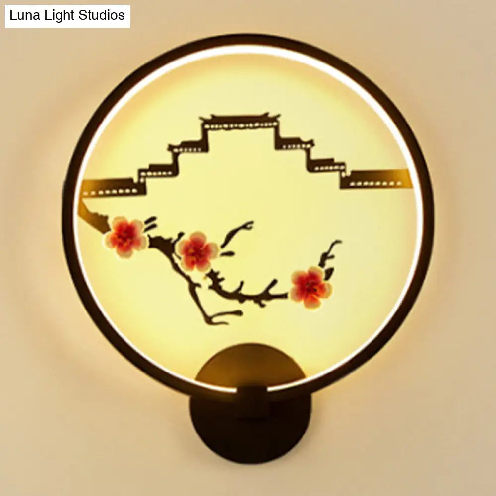 Black Ceramic Plum Flower Mural LED Bedside Lamp with Ring