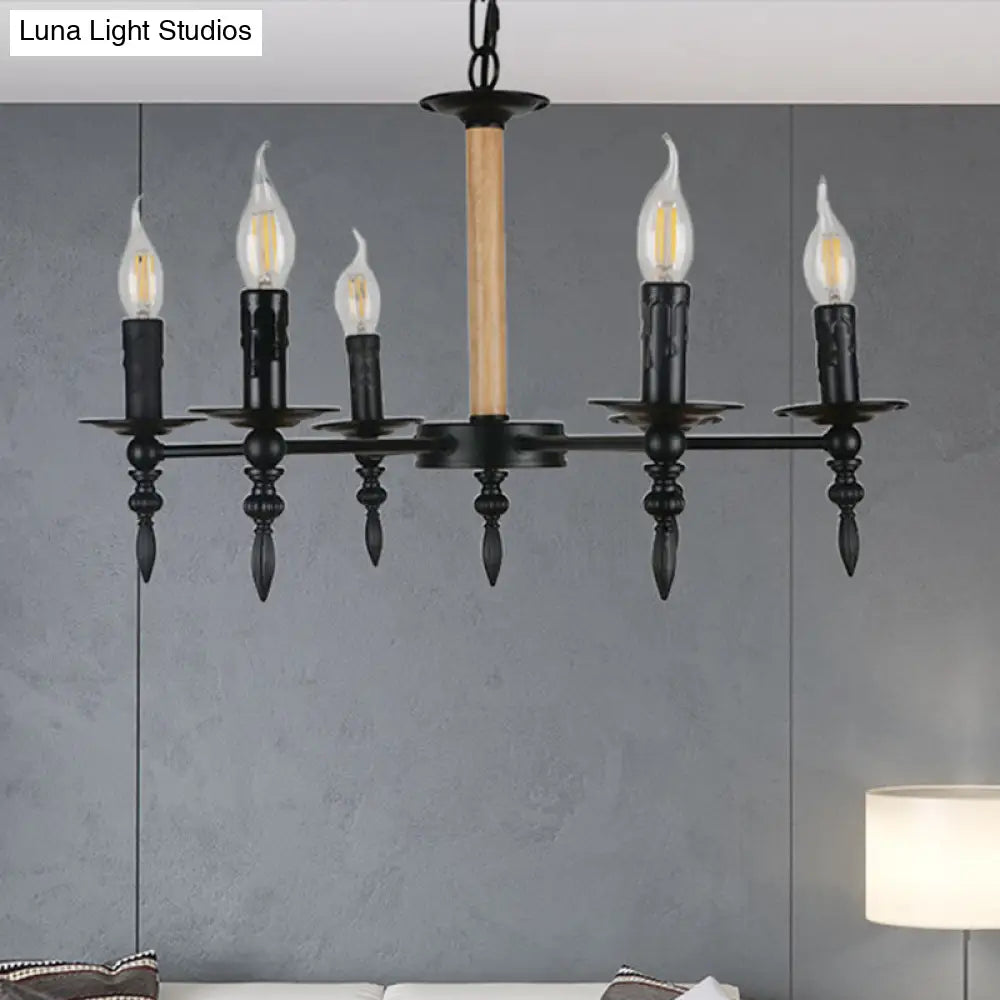 Black Finish Candle Chandelier - Antique Metal/Wood, 6 Heads - Restaurant Pendant Light