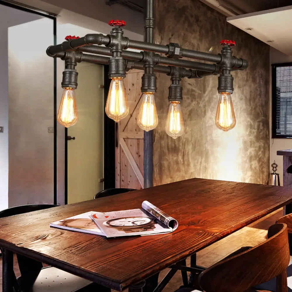 ديكوربايتس™ مصباح سقف معلق بلمسة نهائية سوداء: إطار مستطيل، مصباح جزيرة عتيق بأربعة أضواء وخماسية لطاولة الطعام